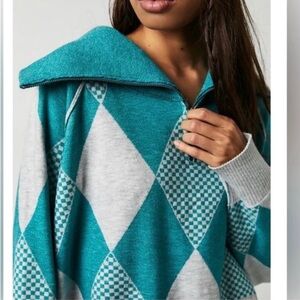 Free People Teal and Light Gray Argyle Half-Zip Sweater